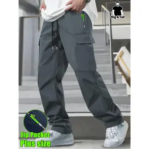 Big & Tall Men's Non-Stretch Cargo Pants Drawstring Waist Zipper Pockets Straightleg Lightweight Breathable Work Outdoor Trousers Plus Size