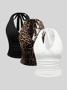 Plus Size Women's Halter V-Neck Pleated Short Top Sleeveless, Tie Back Open Back Vest Set, Fashion Casual Slim-Fitting Leopard Pattern
