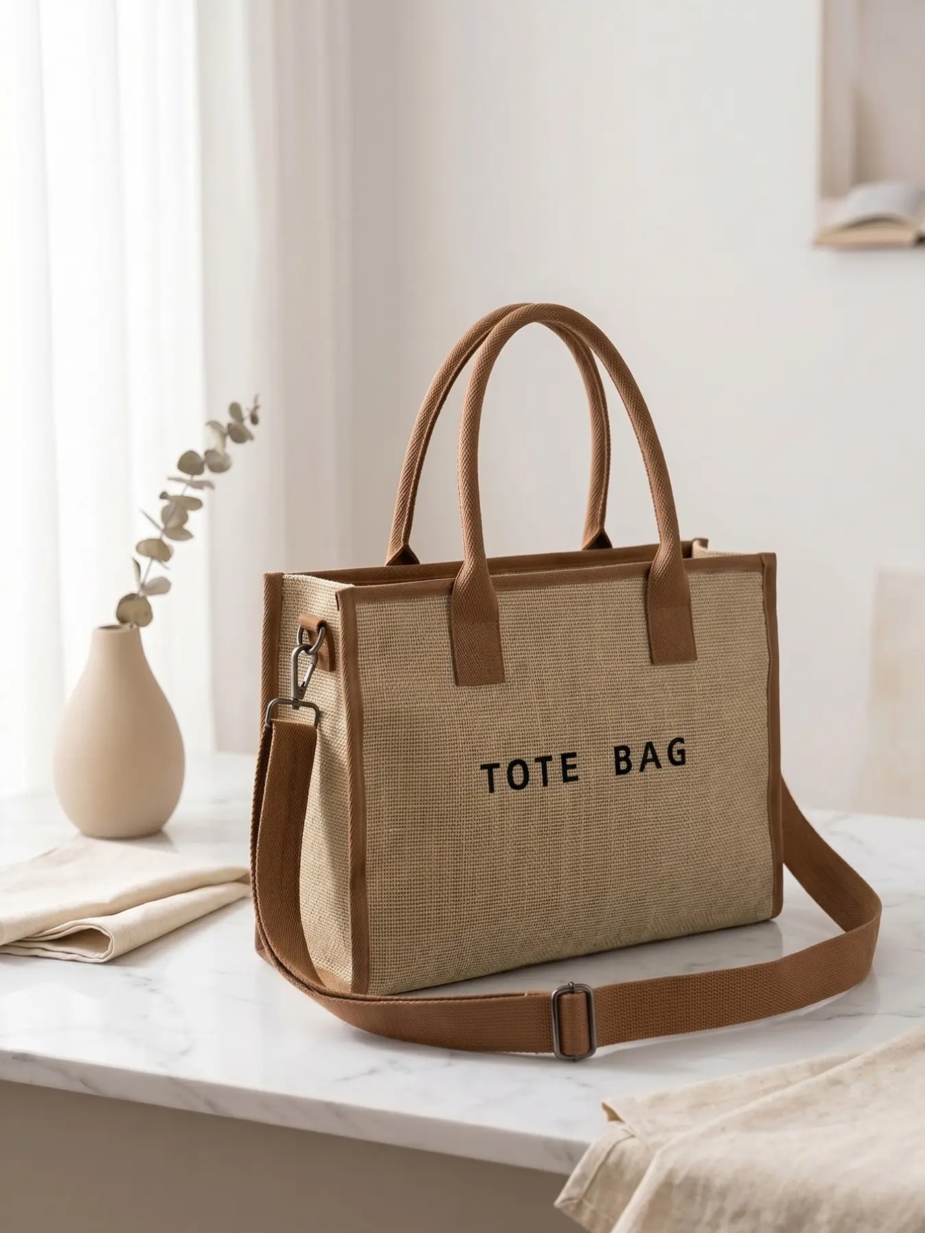 Large Jute Tote Bag with Detachable Adjustable Strap, Reusable Women's Crossbody Handbag, Multi-Purpose Canvas Shopping Bag, Beach Bag