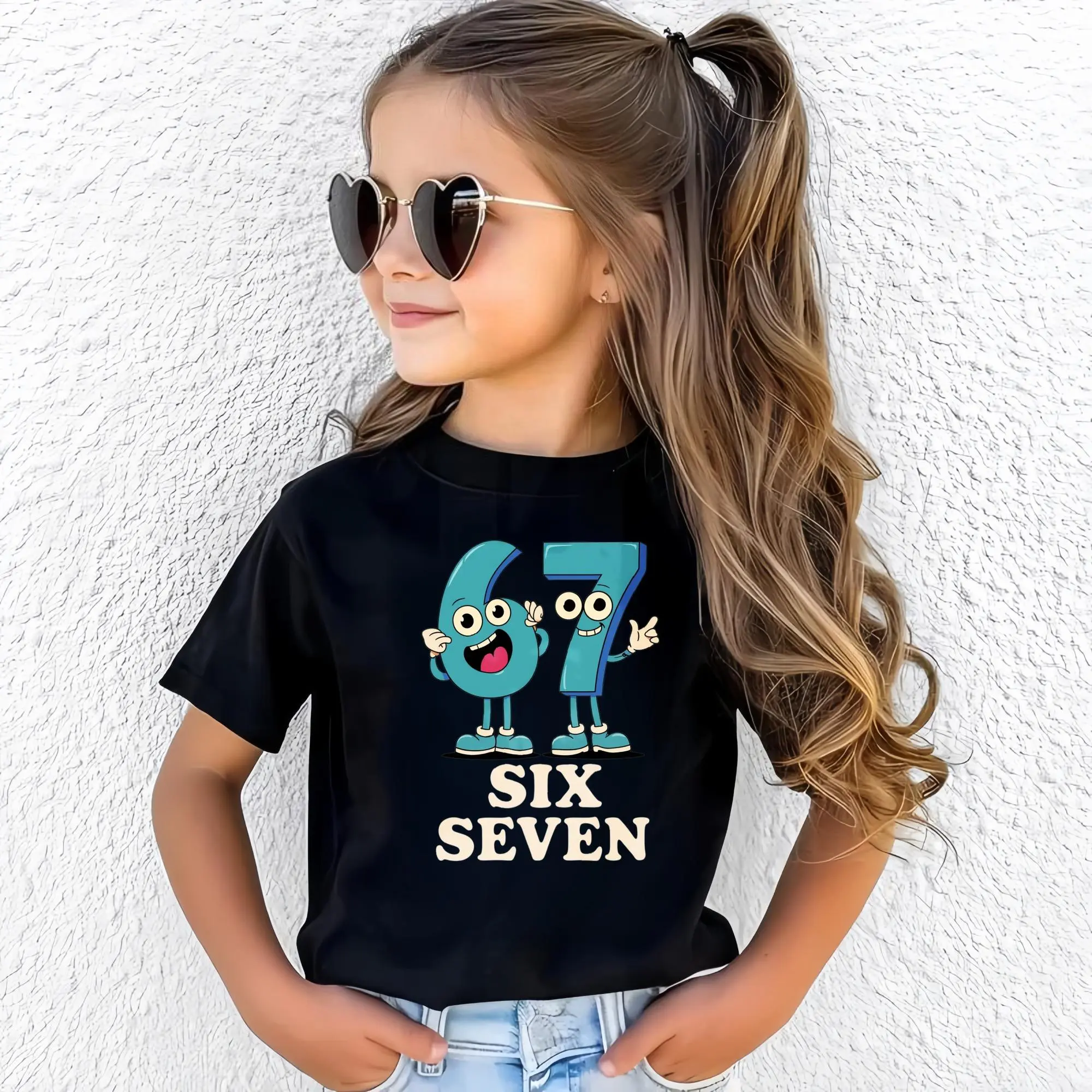 Boys' Cute Cartoon 67 Graphic Print T-Shirt, Soft Cotton Crewneck Short Sleeve Top for Trendy School Days, Graphic Printed Tee, Trendy Tops For School, Cute School Tops