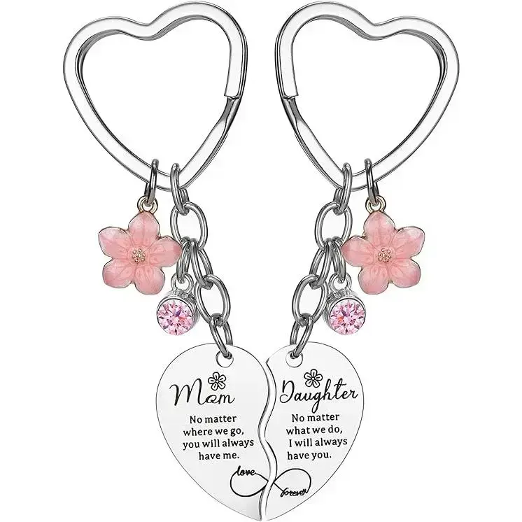 GleamJoy L 2 Pcs Mother Daughter Heart Matching Keyring Keychain Set Gifts For Mom Mothers Day Gifts from Daughter Christmas Gift Rhinestone Stainless Steel keychains