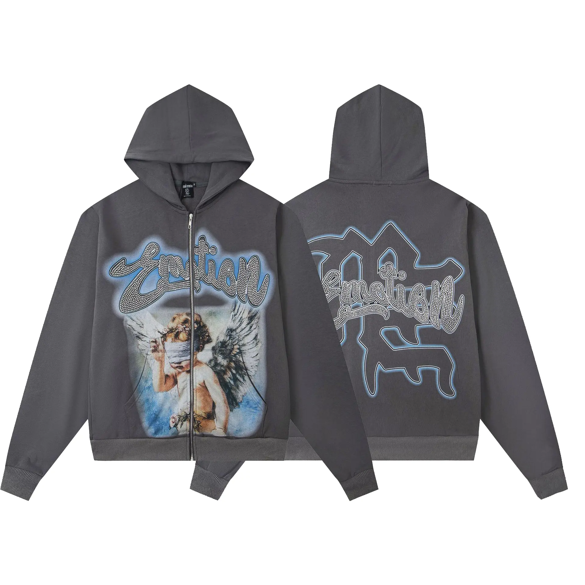 MIXED EMOTION Certified Professional Y2K Premium Charcoal Grey Zip Up Hoodie Rhinestone Angel Graphic Blue Halo Casual Loose Fit