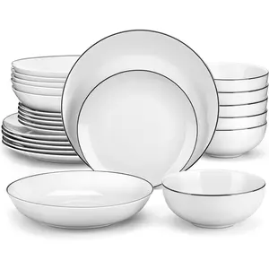 24- Gourmet Porcelain Dinnerware Sets, Modern White with Black Rim Round Dish Set for 6 -  Serving Plates and Bowls Sets for Dessert, Salad, Soup, Pasta - Series AMELIA