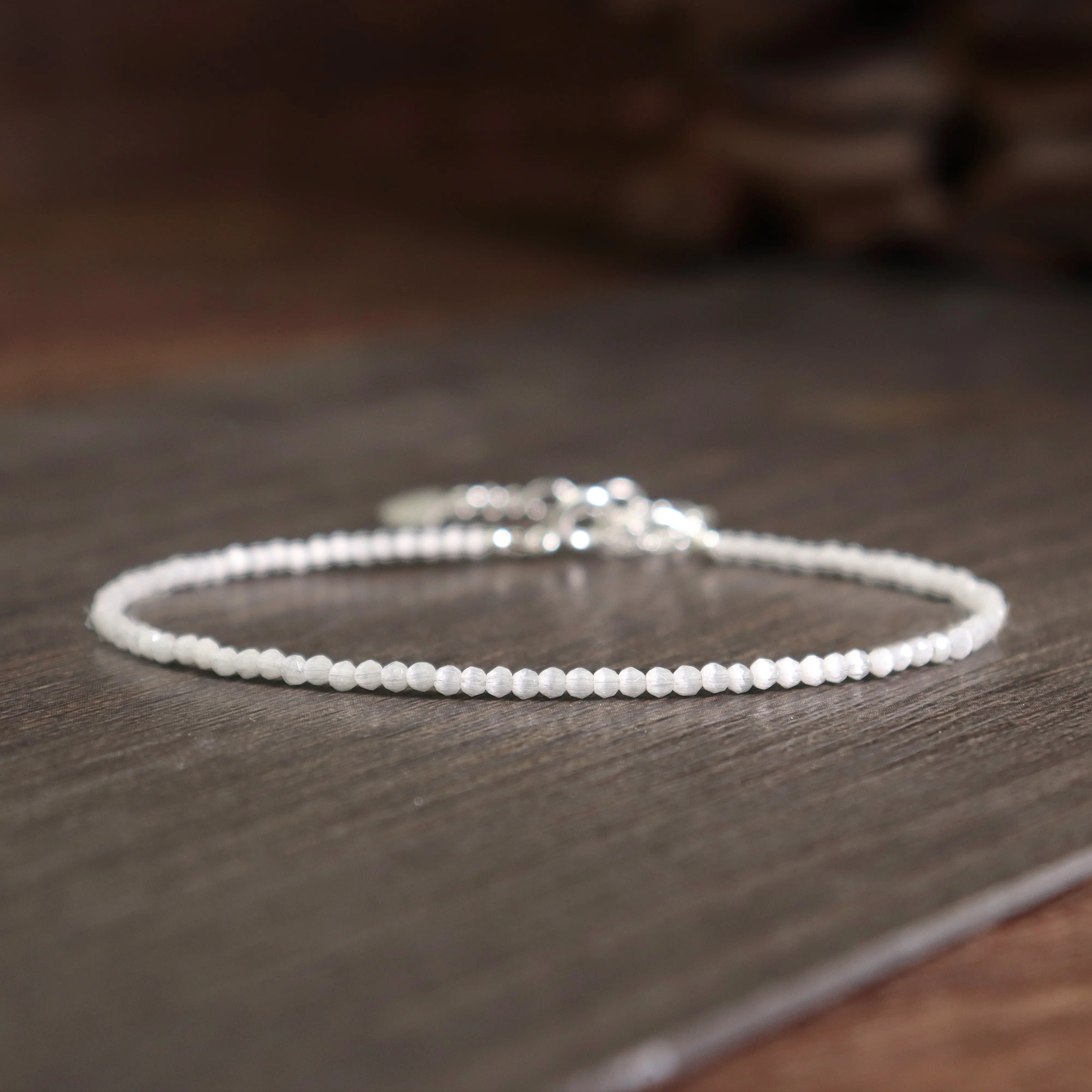 Natural Selenite Stone Bracelet 2mm Satin Spar Crystal Dainty Bracelet Delicate Gemstone Beaded Bracelet Anklet Minimalist Style for Women Handmade Gift for her