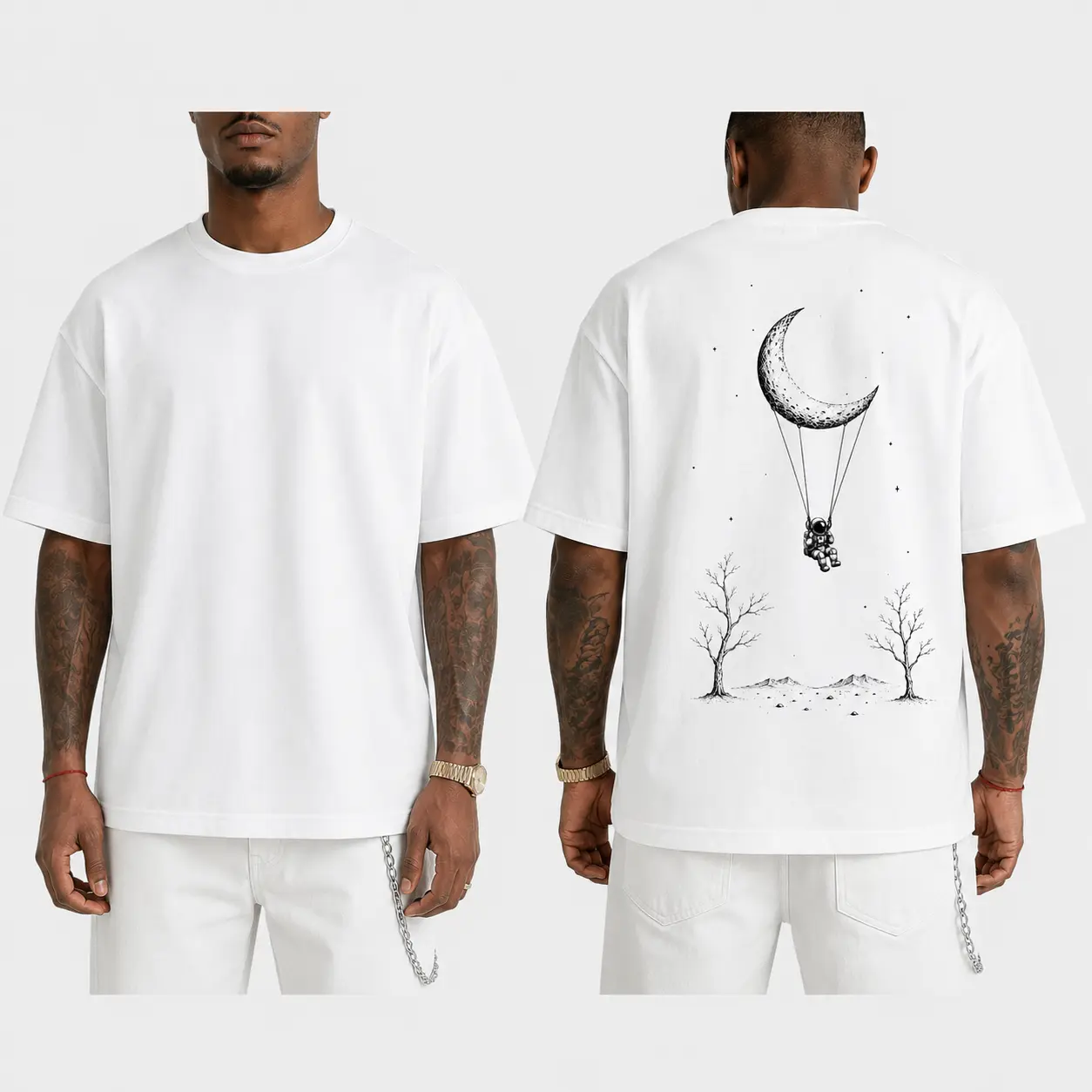 Men's 2XL Distressed Cotton Round Neck Shortsleeve T-Shirt - Classic Astronaut Graphic Moon Art, Korean Print, Loose-Oversized Casual Fit Tops, Vintage Streetwear, All Seasons, Machine Washable