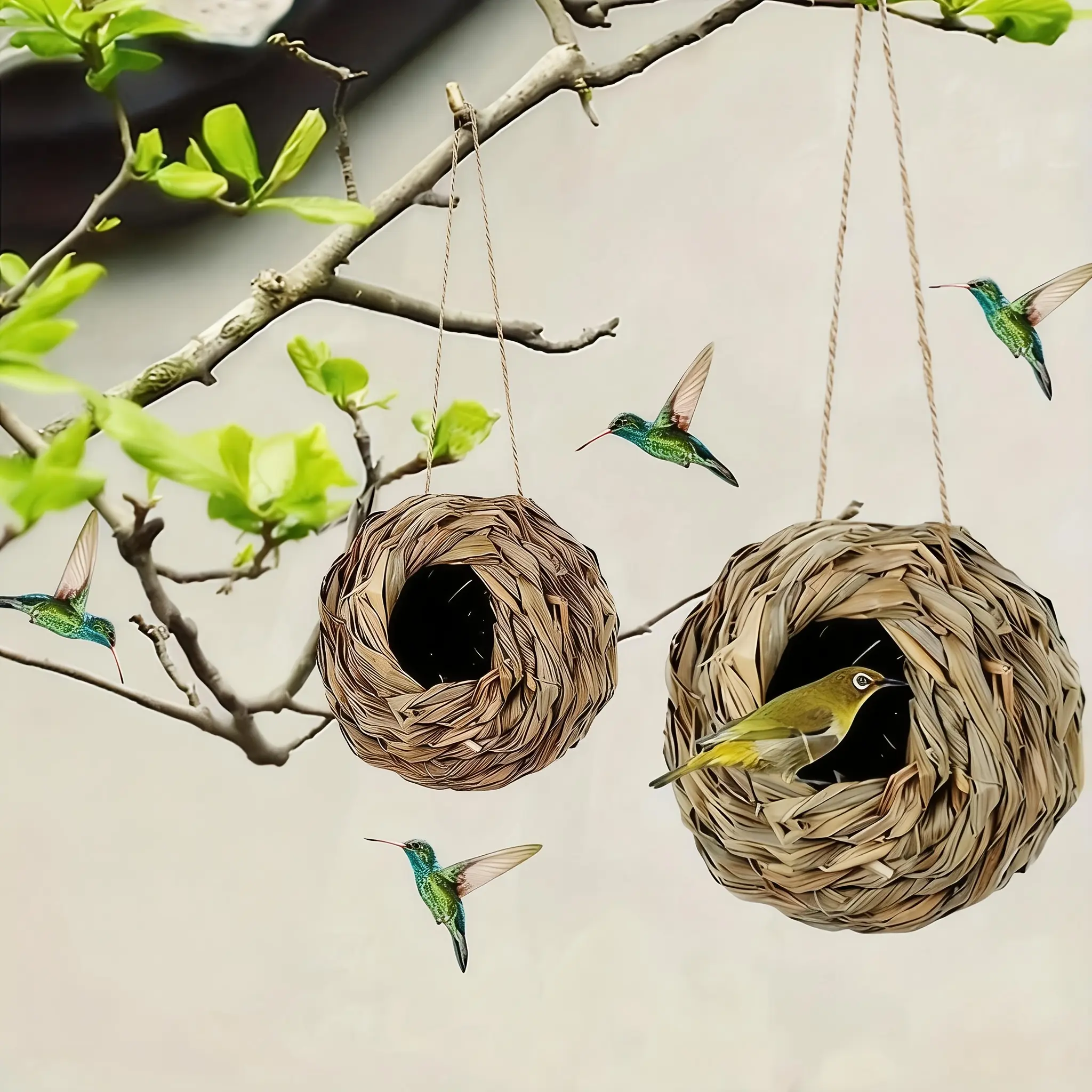 2pcs Small Handwoven Hummingbird Birdhouse - Decorative Bird Supplies for Outdoor Gardens, Spherical Design, Comfortable Nesting Space to Attract Birds