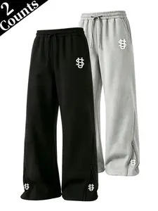 Men’s terry cotton fabric, high-waisted wide-leg fit, letter print, zippered hem, full-length pants, street streetwear style sweatpants for everyday outings and casual athletic occasions, no specific holiday focus, suitable for spring, autumn, and winter.