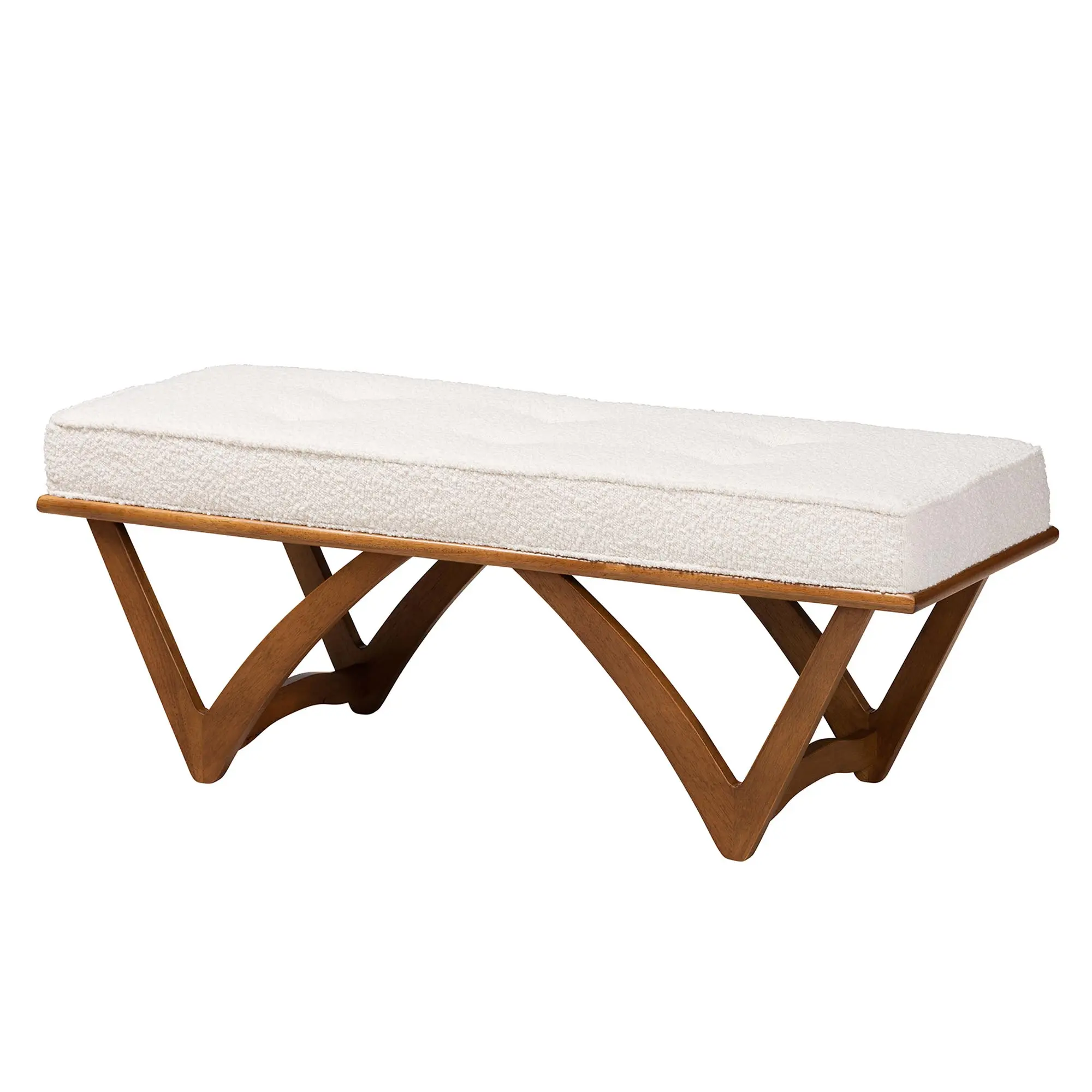 Baxton Studio Chenoa Japandi Inspired Indoor Bench & Banquette - 47.20" w x 17.70" d x 18.30" h, Sturdy Angled Legs, Button-Tufted Design, Foam-Padded Seat, MDF/Boucle Fabric, Wood Frame, Modern Craftsmanship, Exceptional Geometry, Assembly Required