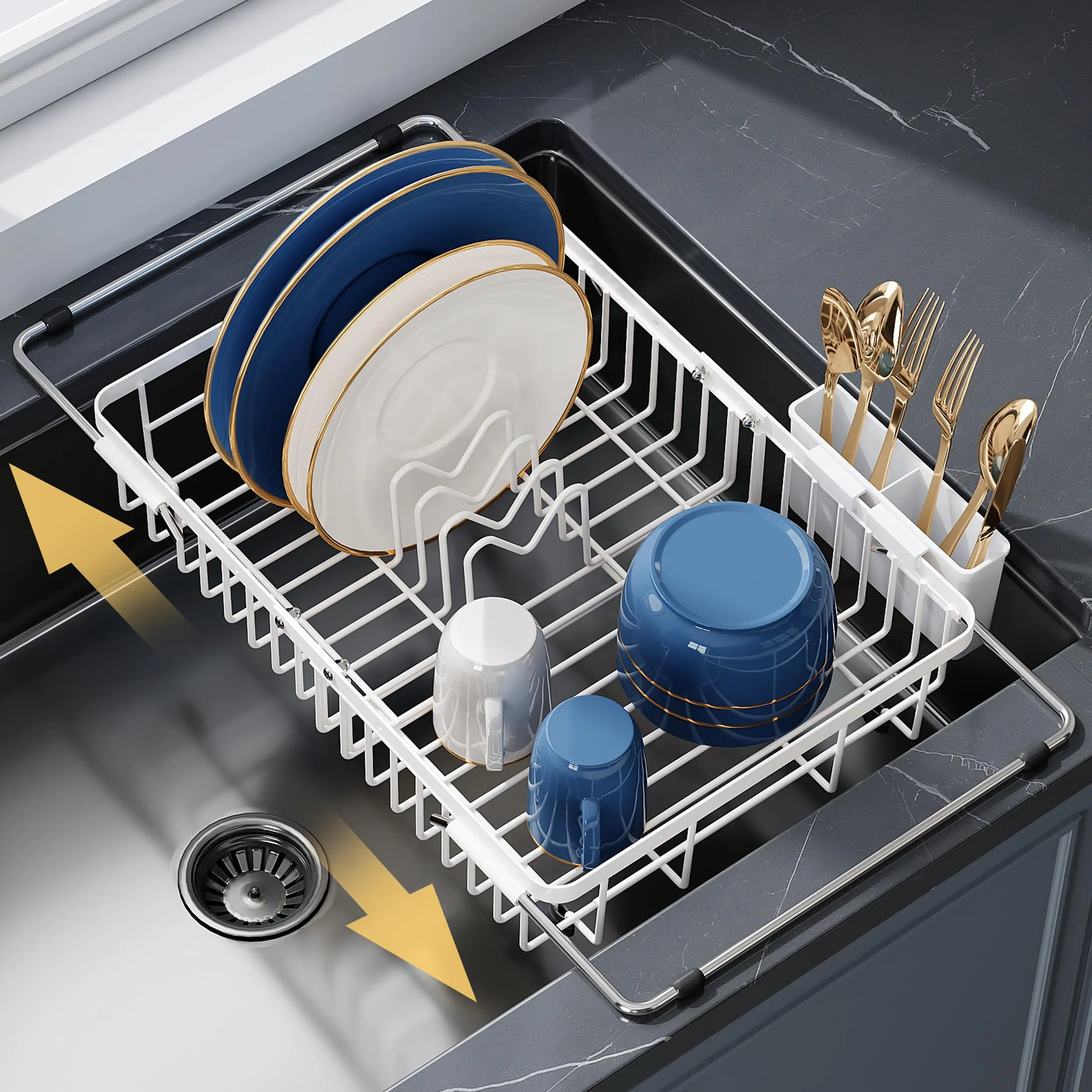 Rustproof Stainless Steel Dish Drying Rack, Expandable In Sink Drainer with Cup Holder and Utensil Caddy For 12.5-30w Sink, Expandable