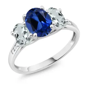10K White Gold Gemstone Birthstone Aquamarine and Diamond Accents 3-Stone Engagement Ring for Women | Oval 8X6MM and 6X4MM | Elegant Wedding Anniversary Promise Ring | Size 5-9