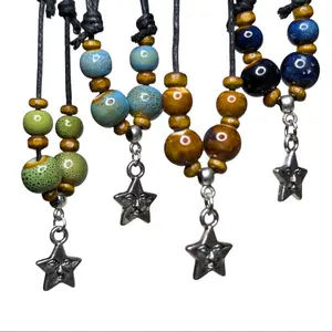 Ceramic Beaded Tiny Smiling Star Charm Boho Hippie Whimsical Adjustable Black Rope Cord Choker Stacking Necklace