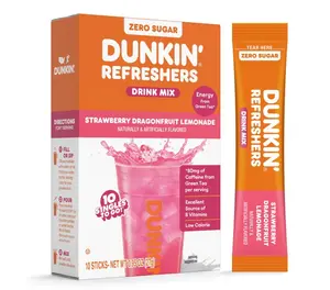 Dunkin’ Zero Sugar Refreshers Singles To Go! Powdered drink mix packets, Strawberry Dragonfruit Lemonade, 10 packets per box , Energy from Green Tea, aspartame-free, no synthetic colors, naturally and artificially flavored, just add water