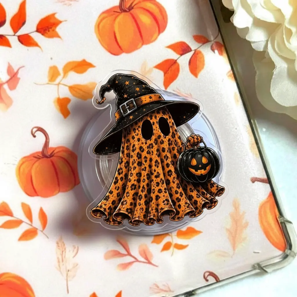 Coquette Leopard Ghost Phone Grip - Durable Magnetic Phone Accessory, Cute Halloween Ghost Design, Preppy Spooky Season Holder Stand, Girly Animal Print Electronic Mobile Accessories