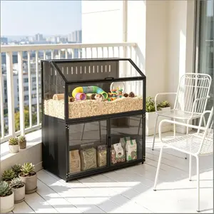 Spacious Habitat Cage for Small Animals - Hedgehogs, Mice, Gerbils - 40.9" L x 16.1" W x 40.2" H - Steel & Acrylic - Integrated Storage - Panoramic View - Chew-Resistant - Fresh Air - Black