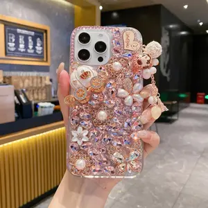 2-Style Princess Full Rhinestone Carriage Cellphone Case for iPhone 14/15 Series | Full Pink/White Rhinestones + 3D Crown Carriage Decor + Pearl Butterfly Accessories + Pendant Chain | Scratch, Shock Resistant, Protective | Party/Date Style