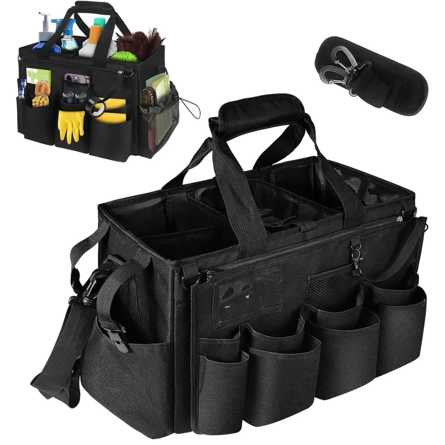 Large Wearable Caddy Bag, Tool Storage Bag, Tool Organizing Bag, Tool Bags, Cleaning Bag with Handle Shoulder & Waist Strap, Cleaning Supplies Organizer with Bottom Separation Plate for Car Cleaning