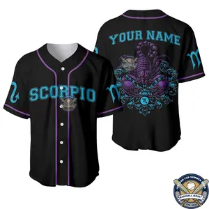 Personalized Zodiac Scorpio Baseball Jersey – Vintage Skeleton Scorpion Shirt for Men’s Halloween, Spooky Season, Gothic Streetwear, Comfortable, Breathable, Custom Name Astrology Gift halloween  shirt