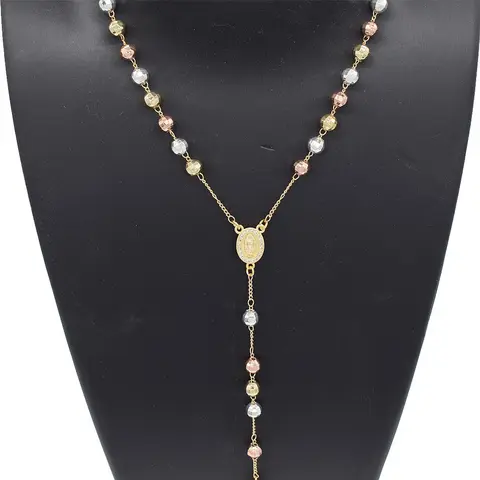 Unisex 18K Layered Gold-Filled Religious Stacking Necklace - Tri-Color #7 Long Ethnic Chain, Triple Cross Pendant, Beads, Glossy Accessory with Religious & Meaningful Symbolism, High-Quality Craftsmanship, Daily Wear (Choking Hazard Small Parts)