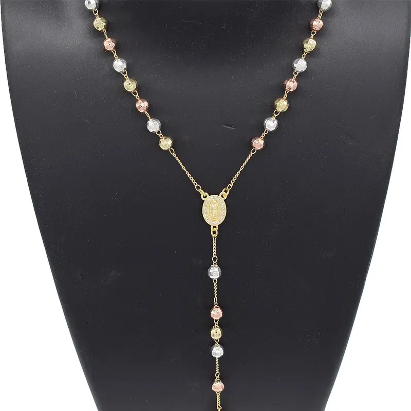 Unisex 18K Layered Gold-Filled Religious Stacking Necklace - Tri-Color #7 Long Ethnic Chain, Triple Cross Pendant, Beads, Glossy Accessory with Religious & Meaningful Symbolism, High-Quality Craftsmanship, Daily Wear (Choking Hazard Small Parts)