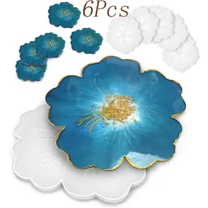 6 Pcs Silicone Resin coaster Molds,1pc Flower Shape Tray Silicone Mlolds for Resin Casting, 5pcs Floral Coaster Molds,for DIY Coaster,Home Decoration