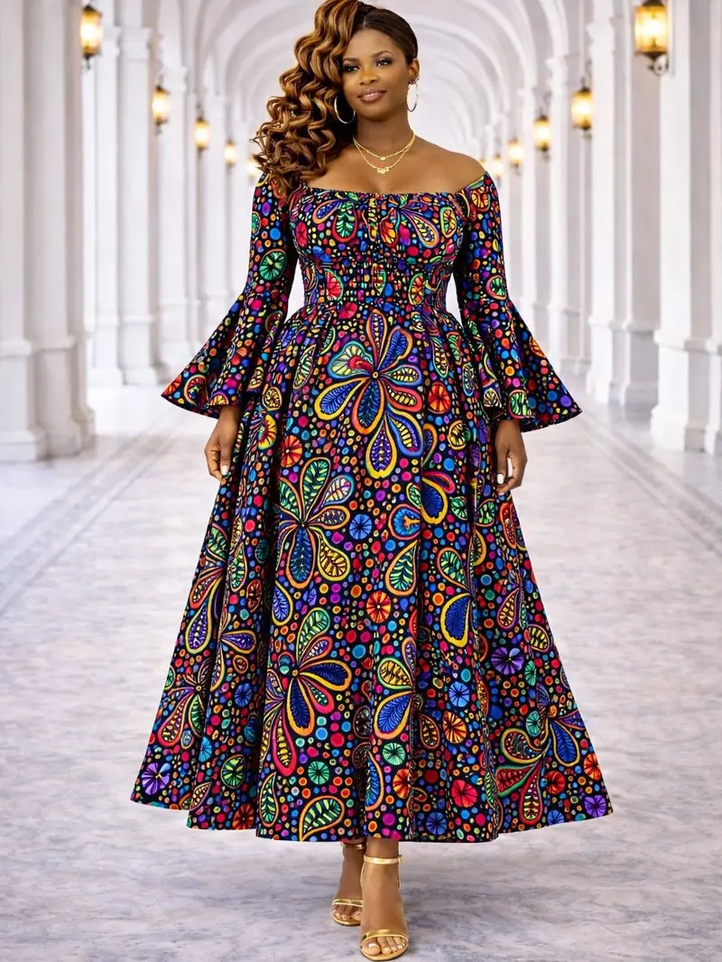 Women's African Print Flare Dress  Blue & Gold Ankara Midi Dress, Party  Dress - TikTok Shop
