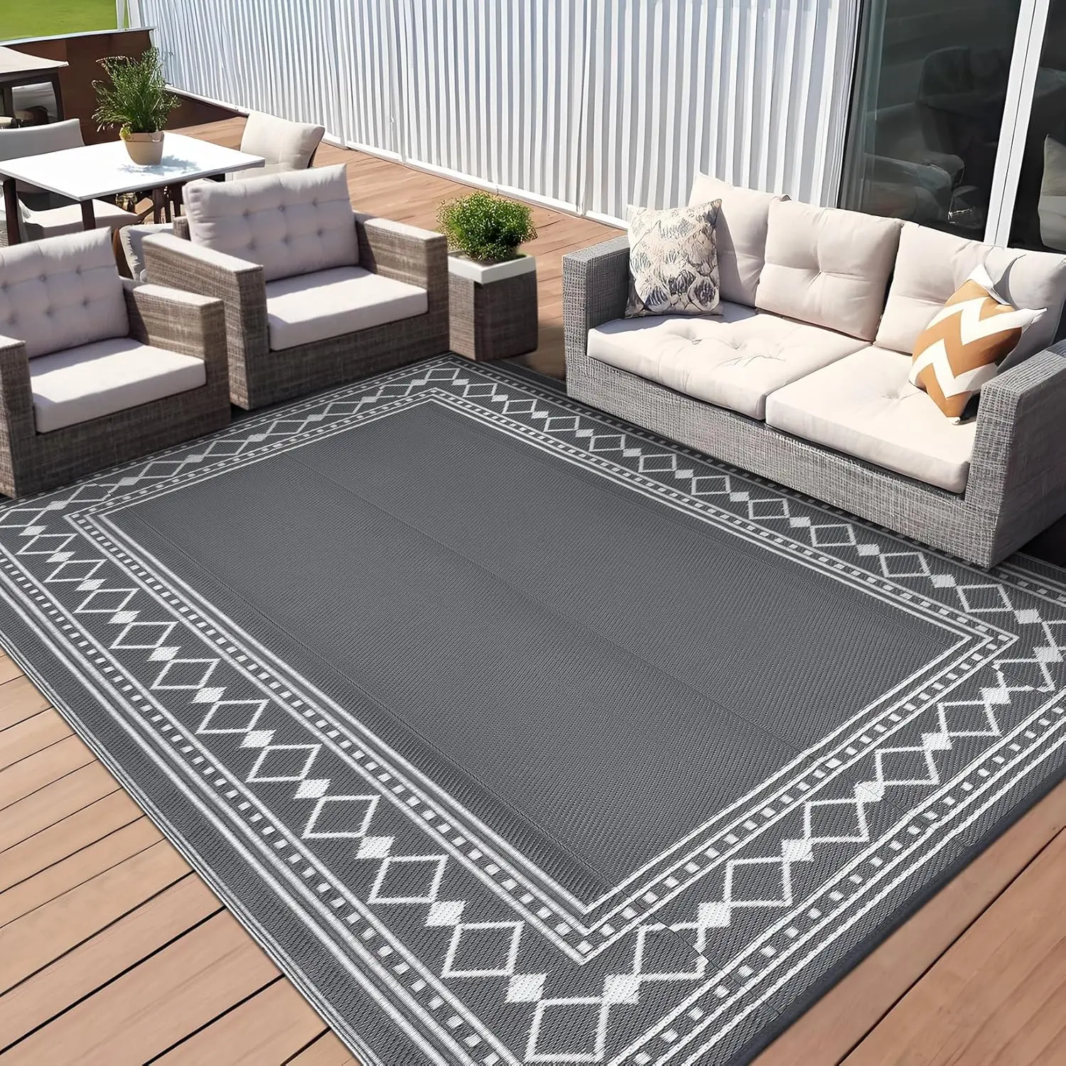 Waterproof Outdoor Rug  Diamond Border Reversible Plastic Straw Patio Camping Rugs, Outdoor Carpet for Patio, Outside Entry, Backyard, Deck, Bench, Picnic, Camper