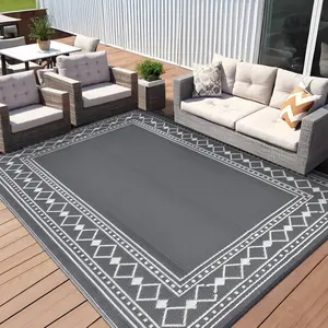 Waterproof Outdoor Rug  Diamond Border Reversible Plastic Straw Patio Camping Rugs, Outdoor Carpet for Patio, Outside Entry, Backyard, Deck, Bench, Picnic, Camper