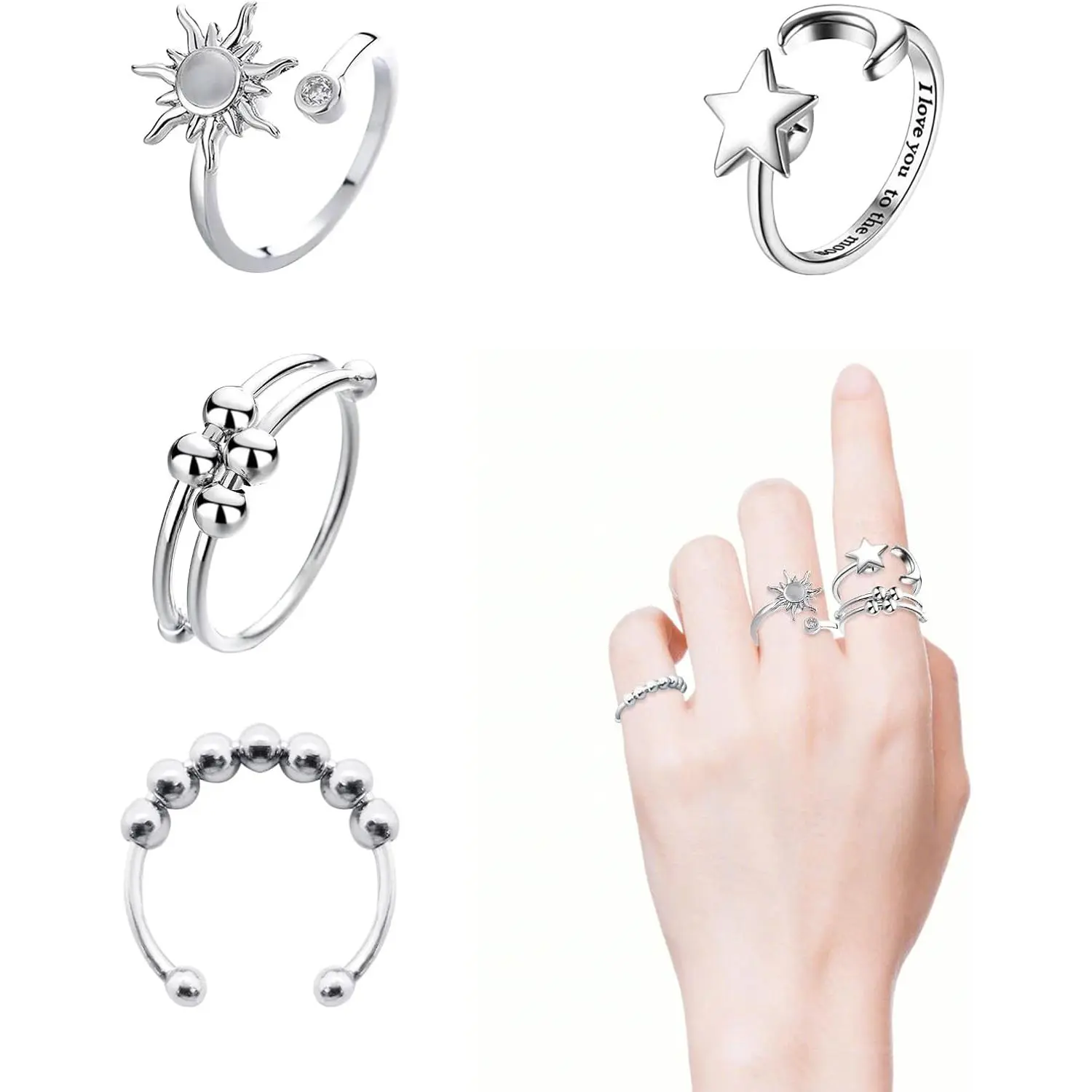 Women's 4PCS Adjustable Size Interchangeable Stacking Rings - Casual Trendy Stainless Steel Jewelry, Rotatable Sun Moon Star Beads, Daily Stress Relief (Silver)