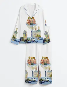 Women’s Vintage Dirty Martini Bar Retro Cocktail Print Long Sleeve Satin Pajama Set