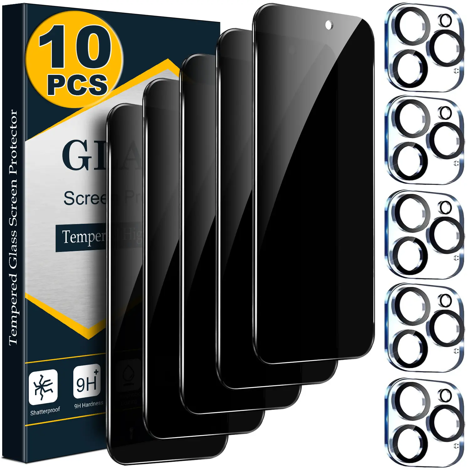 [10 PCS Set] - 5 Privacy Anti Spy Screen Protectors with 5 Camera Lens Protectors For iPhone 18 17 16 15 14 13 12 11 Pro Max Duo Plus Air, Anti Spy 9H Tempered Glass, Anti-Scratch, HD Clear Camera Protection, Case Friendly