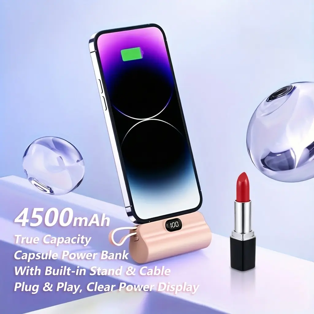 Portable Mini Compact Emergency Capsule Charger, 4500mAh Lightweight Battery Powered power bank, LCD Display Power Bank for iPhone & Android System Phones & Tablets, compatible for iPhone17 16 15 14 13 12 Pro Max Plus, Chargeable