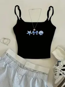 Coastal Starfish Seashell Bow Print Cami Top for Women, Chic, Y2K Summer Beach Aesthetic, Adjustable Spaghetti Strap Crop Tank, Casual Slim Fit Sleeveless Camisole