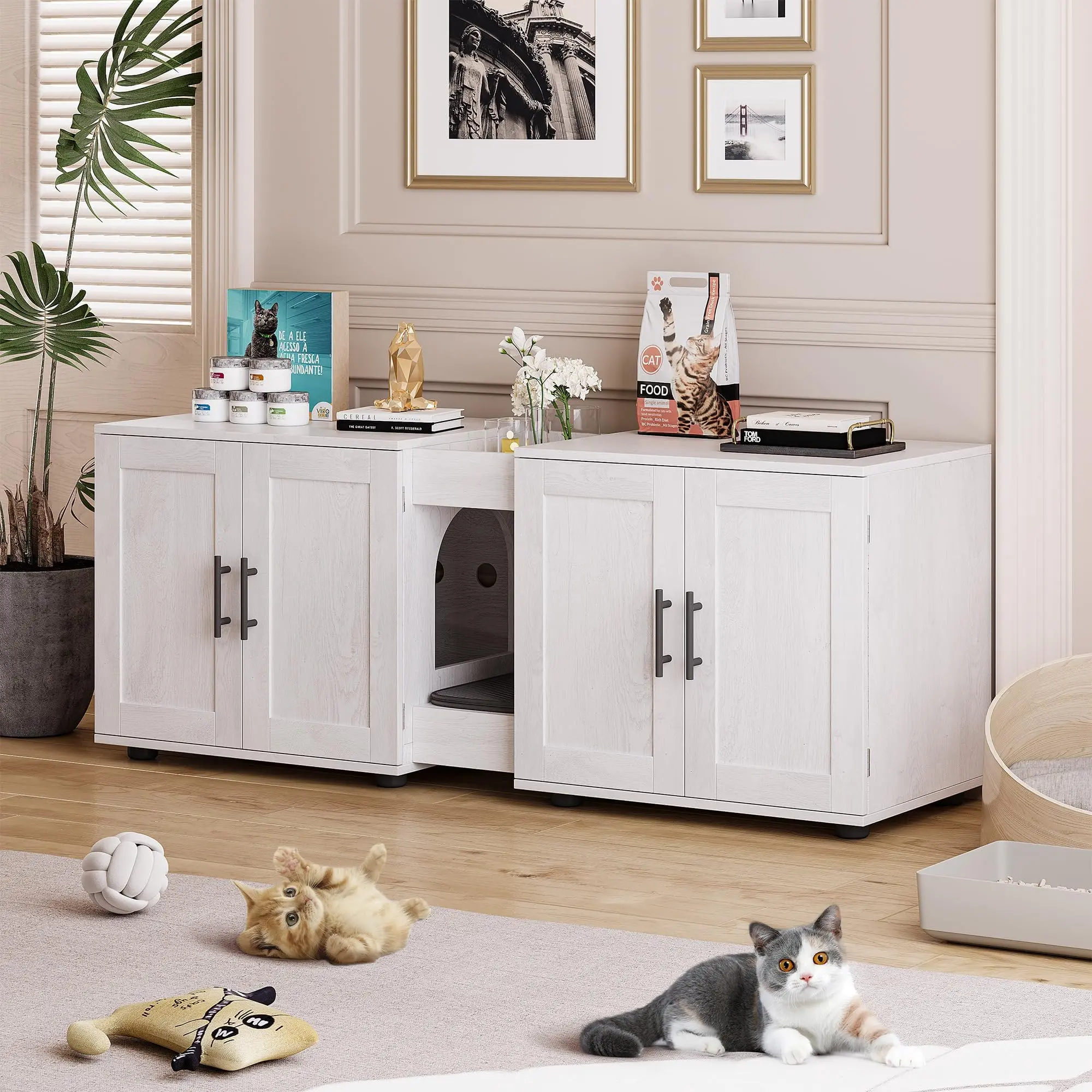 Garvee Upgraded Double Cat Litter Box Enclosure, Modern Wooden Hidden Cabinet for Two Cats, Easy-Clean Surface, Doubles as TV Stand & Storage House