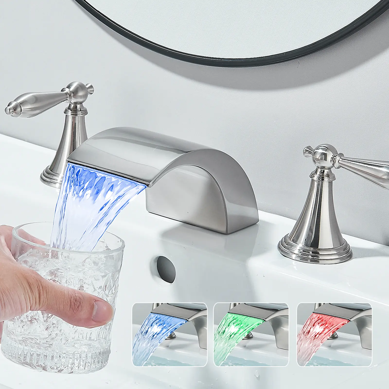 LED Bathroom Faucet 3 Hole, Brushed Nickel Waterfall Bathroom Faucets, 8 Inch Widespread Modern Bathroom Sink Faucet & Parts, Wide Spread 2 Handle Bathroom Vanity Faucet