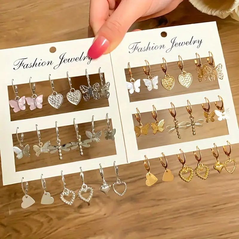 9 Pairs/ Set Exquisite Butterfly Heart Dragonfly Design Dangle Earrings Simple Vacation Style Delicate Holiday Earrings