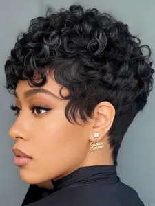 pixie wig machine made natural black color short curly pixie wig 150% Denisty pixie cut human hair wigs for women daily party cosplay use wig