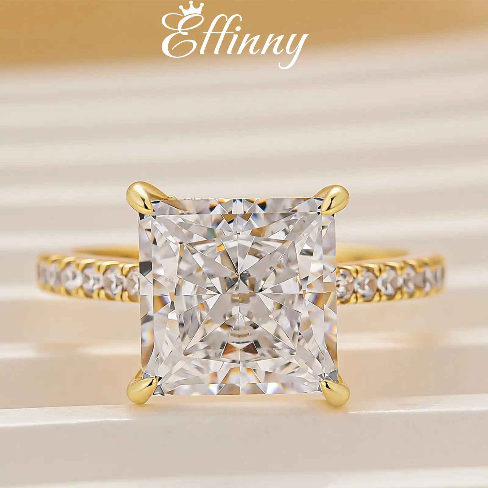 Effinny 4.0ct Princess Cut Gold Plated Engagement Ring, 925 Sterling Silver Women's Promise Ring, Cubic Zirconia Anniversary Ring for Wedding, Party, Travel, Statement Ring, Promise Ring Gf