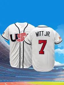 Men's #7 USA Baseball Jersey, Full Embroidered Stitched Fan Edition Casual Sports Jersey, Breathable Short Sleeve Sports Top Shirt with American Flag Patch for Game Day Daily Wear