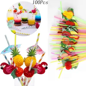 100 Pcs Tropical Fruit Plastic Drinking Straws,Flamingo Fruit Paper Straws,Disposable Plastic Drinking Straws,rink Umbrella Parasol Straw,forHawaiian Party Decorations Summer Pool