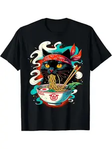 Kawaii Cat Ramen Noodles Japanese Anime Graphic T-Shirt Round Neck, Unisex Funny Polyester Fiber Y2K Top, Casual Fitted Summer Tee for All Seasons