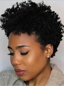 Human Hair Wig Natural Afro Wig 150% Density Afro Kinky Curly Pixie Wig 6 Inch Human Hair Wig Machine Made Wig Glueless Human Hair Natural Look for Daily Use, Music Festivals & Parties, Versatile Styling, Party Accessory, Comfortable Fit Cap 1PC
