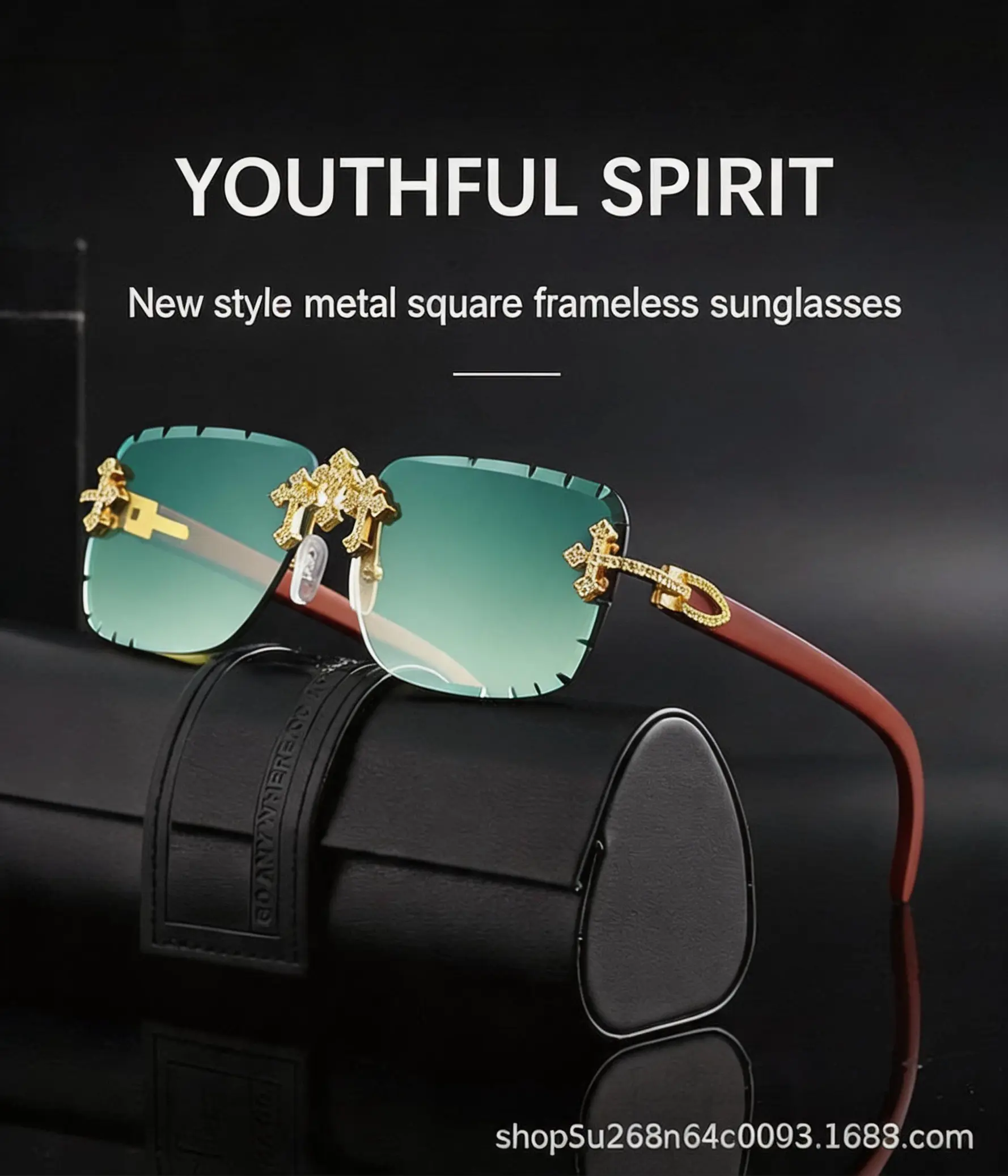 Unisex Rimless Square Sun Glasses, Gradient Green Lens Gold Cross Diamond Accent, Wood Print Temple UV400 Protection Luxury Shades Beach Vacation Driving Travel