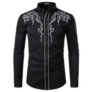 ZEROYAA Men's Western Stylish Band Collar Dress Shirts Embroidery Slim Fit Long Sleeve Mandarin Collar Shirt Casual Fabric
