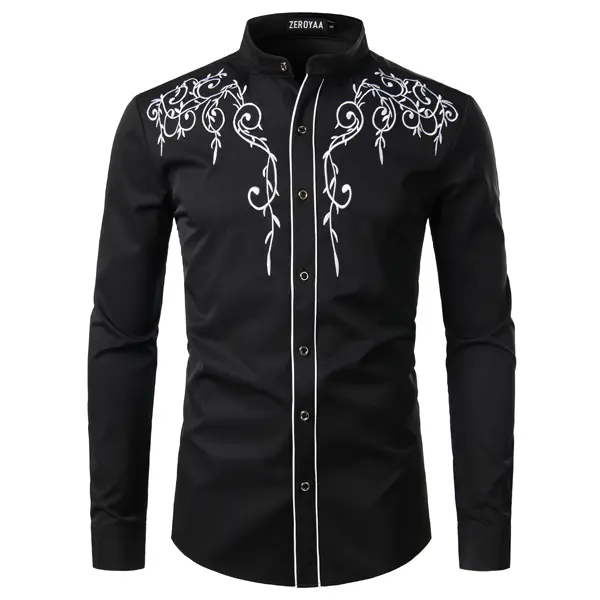 ZEROYAA Men's US Size Western Cowboy Embroidered Slim-Fit Long-Sleeve Band Collar Button-Up Dress Shirt - Soft, Breathable, Stretch Polyester Blend Fabric, Business Casual Tops, Floral Accents