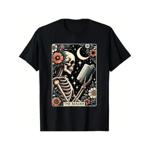 Funny [Fast Arrival] The Reader Tarot Card Skeleton Reading Book Bookworm Bookish T-Shirt for Men Women, Christmas Halloween Thanksgiving day Gift Plus Size
