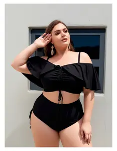 Plus Size Bikini Set Off Shoulder - Black Ruffled Swimsuit for Women with Drawstring; Swimwear for Beach, Pool, Vacation, Curve & Larger Bust
