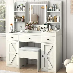 Farmhouse Makeup Vanity Desk with LED Light Mirror and Charging Station, 43" Vanity Set with 3 Drawers & 2 Cabinets, Upholstered Stool for Bedroom(Wood Grain White-43-inch)11 Storage Shelves, Large Rustic Brown Vanity Set w/Stool for Women, Girls
