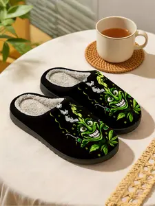 Funny Cartoon Monster Print House Slippers Footwear 1 Pair | Black Base Neon Green Dark Graffiti Style | Plush Lined Warm Non-Slip Thick Sole | Unisex Indoor Winter Wear