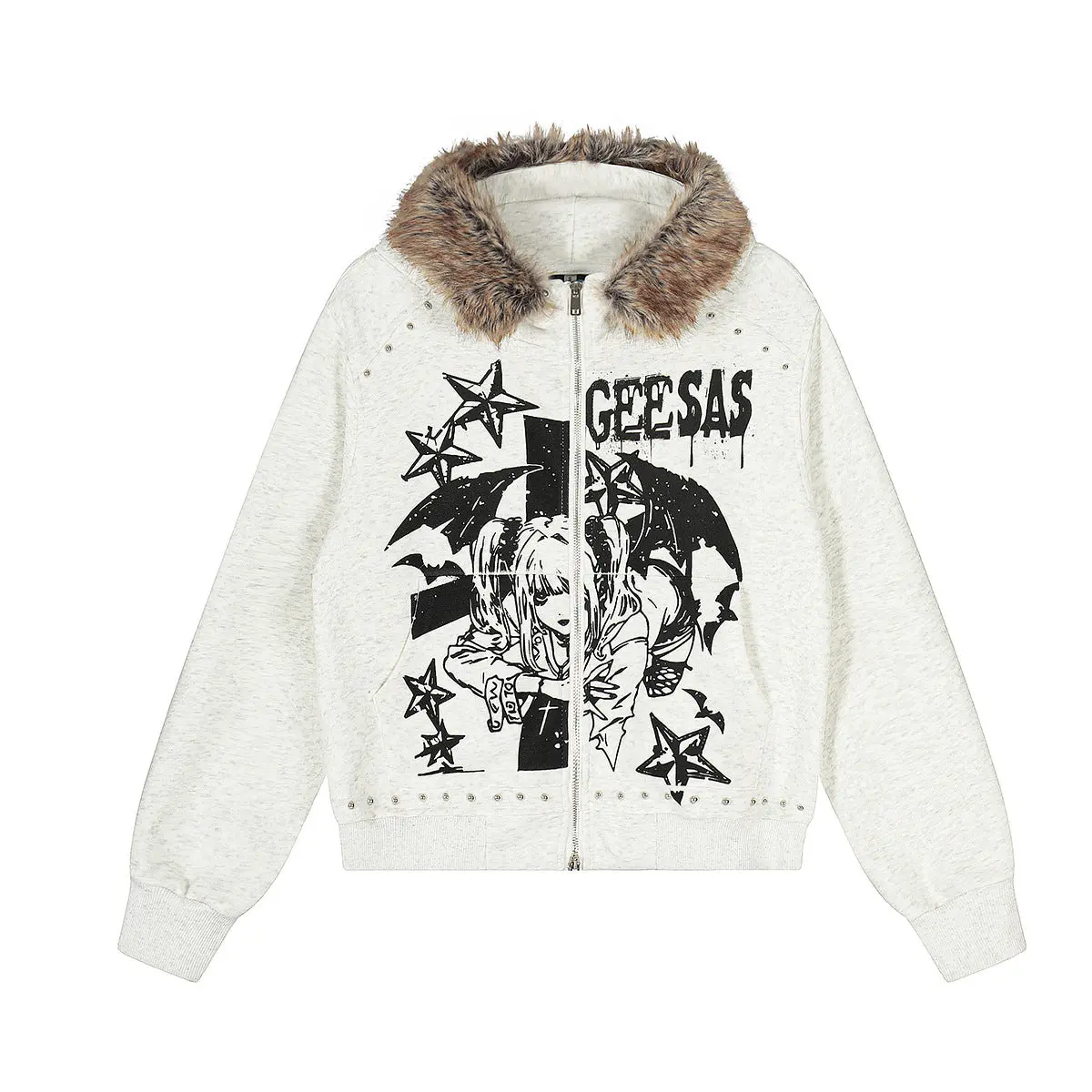 Geesas Anime Graphic Bomber Jacket - Black & White Fleece Blend, Fur-Trimmed Hood, Studded Detailing, Premium Zip-Up Style, Menswear Fashion