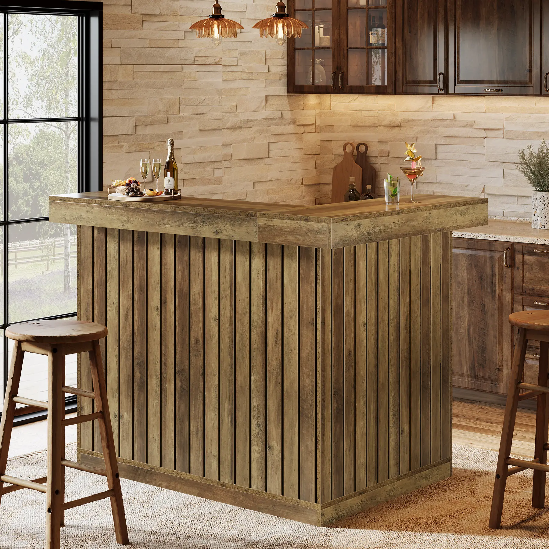 LITTLE TREE L-Shaped Home Bar Unit, 4-Tier Corner Liquor Bar Table with Storage Shelves and Wine Glasses Holder, Industrial Wine Cabinet Reception Desk for Home Pub
